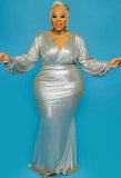 Plus Size Shiny V-neck Puff Sleeve Evening