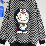 Hip Hop Streetwear Cartoon Cat Embroidery Sweatshirt Women Plaid Winter Tops O-neck Oversized Streetwear Goth Clothes