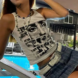 2021 O Neck Green Print Crop Top Women Sleeveless Off Shoulder Vintage Fashion T Shirts 90s Sexy Casual Tank