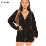 Sequin Mini Lady Women's Dresses Sexy Female Clothing Party Vestido Dress Outfits Red New V-neck Long Sleeve