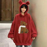 Deeptown Kawaii Hoodie Winter Warm Fashion Hoodies Women Bear Print Long Sleeve Pullover Loose Cute Embroidery Sweatshirt