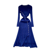 2025 French Elegant Temperament Metal Button Repair Waist Long Pit Knitted Dress