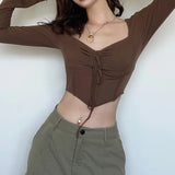 Autumn / Winter Women's Wear Ins Trend Brand Online Celebrity Hot Girl Hanging Neck Fishbone Square Collar Sexy Navel Revealing Thin T-Shirt Woman-Outfit