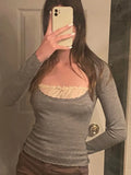 Y2K Grey Sweaters Frill Bow Sweet Cute Pullovers Patched Full Sleeve Harajuku Knitted Jumpers Women Prepply Chic