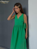 Summer V-Neck Green Women'S Dress 2022 Casual Loose Sleeveless Office Midi Dresses Elegant Classic Ruched Female