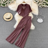 Vintage Women Three Pieces Set Elegant V-Neck Short Blouse + Strap Camis + Wide Leg Pants Suit Green/Red/Yellow Spring Fall