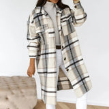 Checked Jackets Coats Women Fashion Casual Oversized Turn Down Collar Long Outwear Thick Warm Woolen Blends