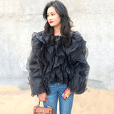 Elegant Patchwork Ruffles Chiffon Blouses Women O Neck Lantern Long Sleeve Loose Shirt Female Clothing