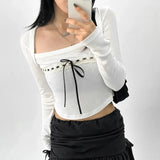 Collar Long Sleeve T-shirts Korean Cute Casual Ribbons Lace-up Bow Top Coquette Style Chic Basics Knitted Tops 2023-Outfit