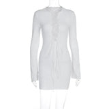 Toloer New Fall 2023 Women's Front Lace With Sexy Leaky Chest Solid Color Round Collar Long Sleeve Wrapped Hip