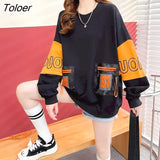Pullovers Women Loose Long-sleeved Tshirt Autumn Winter Trend Design Sense Stitching Pockets Large Size Mid-length