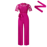 Women's Sexy Lace Lace Hollow Short-Sleeved Strap High-Waisted Broad-Legged Jump-Legged