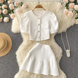 Korean Style Women Summer Two Piece Sets Single Breasted Solid Elastic Waist Mini Skirt Ladies A Line Casual Chic