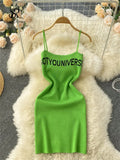 Women Korean Style Mini Dress Summer 2022 Letter Print Vacation Solid Backless Sexy Ladies Party Knit A Line