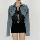 Slim Patchwork Fake Two Piece Jacket For Women Lapel Long Sleeve Colorblock Denim Jackets Female Clothing Style