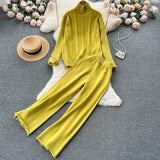 Women Casual Turtleneck Knit Two Pieces Suits Irregular Sweater+Rolled Wide Leg Midi Long Pant Solid Winter Warm