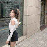 Crop Tops Fashion Hooded Casual Tshirts Women Clothing Long Sleeve Gothic Tees Korean Off Shoulder Sexy Y2k T Shirt-Outfit