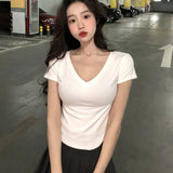 Short Sleeve Tshirt Women Summer 2022 Pure Color Slim Y2k Crop Tops Female Irregular Basic Tees Outwear Elegant