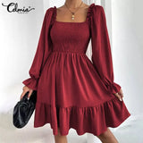Celmia Elegant Women Ruffled Sundress 2022 Puff Long Sleeve Sexy Square Collar Mini Dress Casual Solid Pleated Party