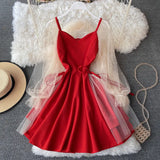 Summer Bubble Sleeve V Collar Low-Thight Splicing Mesh Nail Beads A-Sleeve Short Sleeves Thin Middle And Long-Term