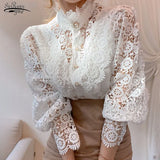 Women Lace Blouse Petal Sleeve Hollow Out Flower Lace Patchwork Shirt Femme Blusas Stand Collar Button White Top