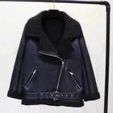 Varey Lin Winter Faux Lamb Leather Jacket Women Faux Leather Lambs Wool Fur Collar Pu Moto Zipper Jacket Warm Thick