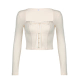 And Spicy Girl Neckline Lace-Up Long-Sleeved Blouse Women 2023 Pure Style Stylish Design Short Shoulder-Bottomed T-Shirt-Outfit