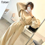 Womens Sportswear Suits Cotton Autumn Korean Loose Lantern Sleeve Pullover Casual Straight Leg Pants Two Piece Sets Sports