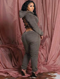 Winter Sexy Back Lace Up Long Sleev Crop Fleece Hoodies and Match Pants Set 2 Piece