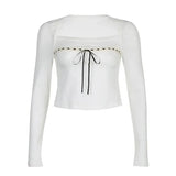 Collar Long Sleeve T-shirts Korean Cute Casual Ribbons Lace-up Bow Top Coquette Style Chic Basics Knitted Tops 2023-Outfit