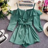 2020 Spring Summer New Chic Women Playsuits Sexy Off Shoulder Elegant Ruffles Solid Jumpersuits Lace Up Bow