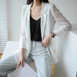Women Fashion Loose Solid Long Sleeve Notched Thin Sunscreen Leisure All-match Korean Style Minimalist Summer
