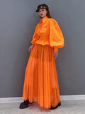 Plain Dress For Women Lapel Lantern Sleeve Patchwork Mesh High Waist Pocket Temperament Long Dresses Female 2023