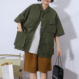 Toloer Cityboy Solid Color Multi-Pocket Overalls Short-Sleeved Shirt Men And Women Loose Retro Function Shirt