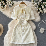 Lace Peal Button Mid Long Dress O Neck Short Sleeve Sheath Dress French Fragrant Waist Solid Streetwear Autumn