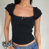 Vintage Baby Tee Cottage Lace Trim Knitted T-Shirt Summer Square Neck Short Sleeve Tee Shirt Women White Milkmaid Crop Top-Outfit