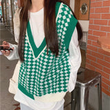 Color Knitted Vest For Women In 2024 Spring And Autumn New Korean Version Of The Chessboard Is Loose And Fashionable To Wear Sweater Vests.-Outfit