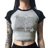 Metal Five-Pointed Star Spliced Collision Color Short-Sleeved T-Shirt New Slim And Slim Jacket For Spring And Summer 2024-Outfit