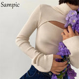 Turtleneck Hollow Out Sexy Women Yellow Skinny Mini Long Sleeve T Shirt 2020 Autumn Winter Basic Cropped Tees