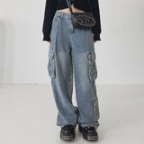 Station 2023Ins Fashionable Women's Wear Street Shoot Wind Big Pocket Lazy Overalls Low-Waisted Jeans Women's Autumn-Outfit