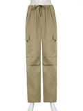 Drawstring High Waist Streetwear Pockets Cargo Pants Womens LooseSize Casual Loose Wide Leg Joggers Sweatpants
