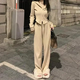 Two Piece Sets Women Solid Casual Slim Fit Hooded V Neck Zipper Full Sleeve Tops Coats Wide Leg Long Pants Set 2023-Outfit
