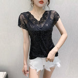Summer Sexy Lace Women Blouse New V Neck Glitter Sequin Gauze Patchwork Tops Elegant Short Sleeve Slim Black T-shirt