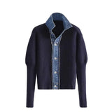 Korean Version Of The 2025 Autumn And Winter Ins Loose Denim Splicing Knit Coat Women Bubble Sleeves Two Sweater