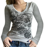 Women Gothic Fake Two-Piece T-shirts Fall Winter 2024 Vintage Top Clothes y2k Graphic Korean Style Long Sleeve Top Streetwear-Outfit
