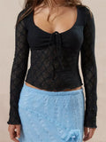 Vintage Women Spring Fall Slim Fit Lace T-shirts Crop Tops Long Sleeve Low Cut Tie Up Tees Shirts Party Clubwear 2023-Outfit