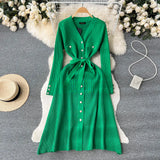 Sexy Sheath Winter Knitted Dress French Style V Neck Tie Single Breasted Long Dress Female A-Line Party Sweater