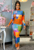 Print Colorful Turtleneck Sexy Long Bodycon