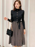 Winter Elegant Women Dress Lady Formal Knitted Stretchy Vintage Bird Lattice Belt Slim Midi Pleated Robe Femme