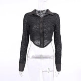 Turn Down Collar Jacquard Women Cropped Blouse Button Long Sleeve Black Basic Sexy Autumn Irregular Fashion Lady